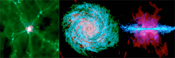 Imagens de simulação da Via Láctea.