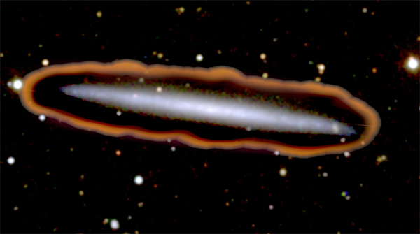 A galáxia UGC 7321 rodeada por hidrogénio.